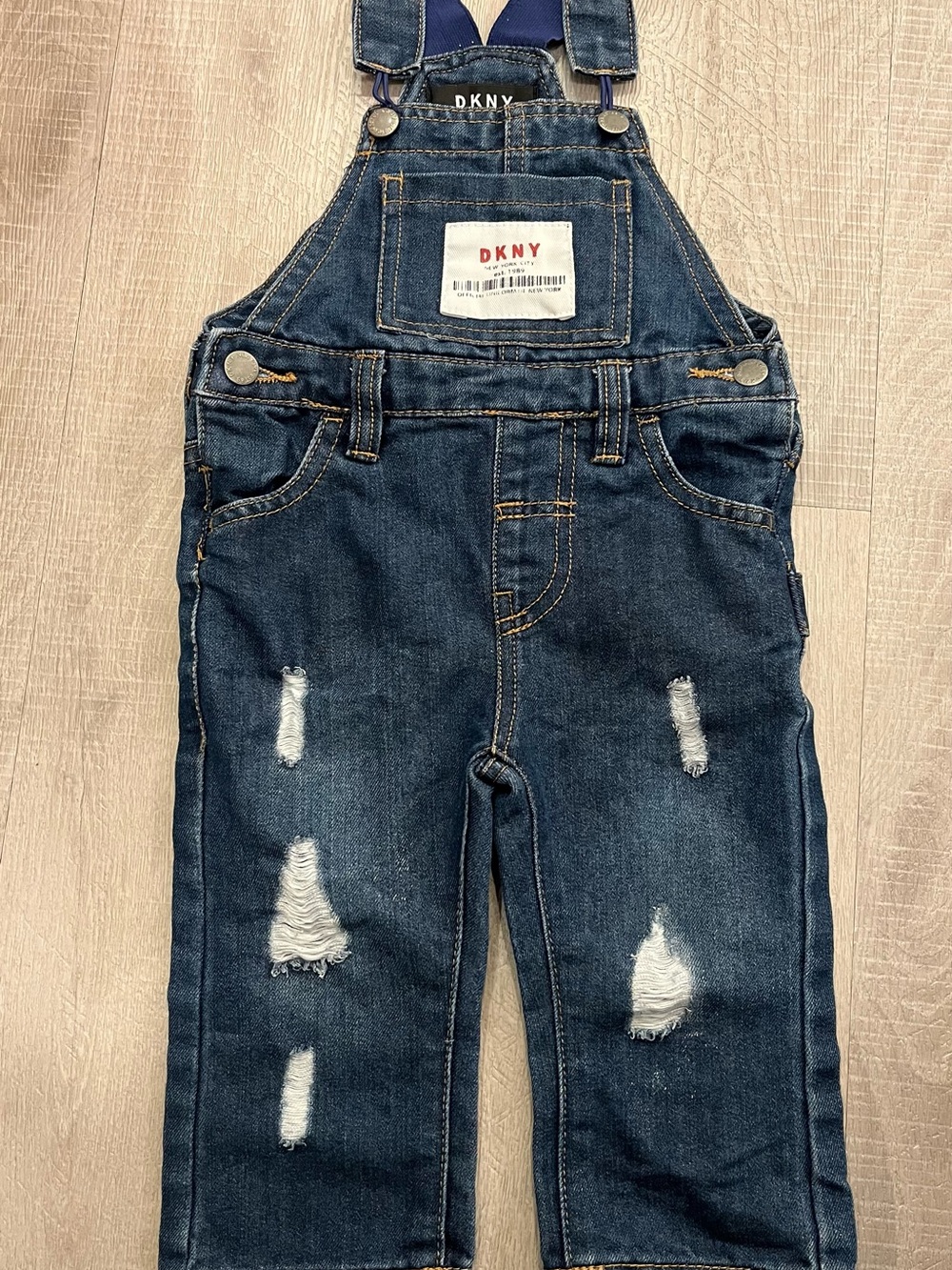 DKNY Baby 12M Dark Blue Distressed Denim Overalls